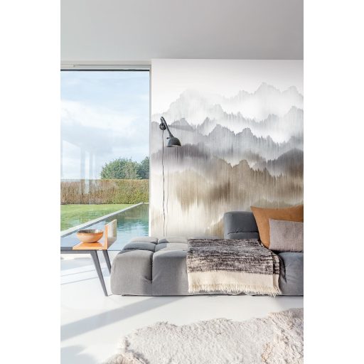 Misztikus panoráma hegyek láncolatával textilfonalra festve krém/krémfehér barna szürke és kékes szürke tónus falpanel