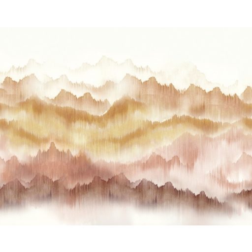Misztikus panoráma hegyek láncolatával textilfonalra festve fehér okker narancs pink lila és terra tónus falpanel