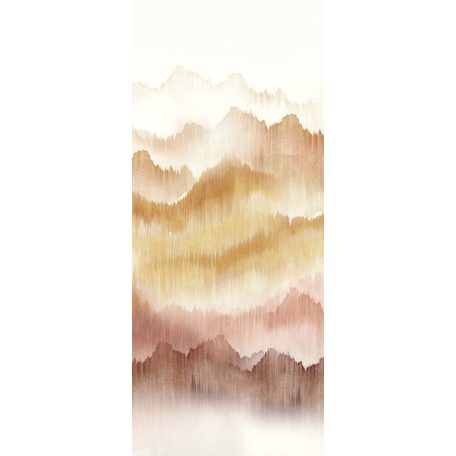 Misztikus panoráma hegyek láncolatával textilfonalra festve fehér okker narancs pink lila és terra tónus falpanel