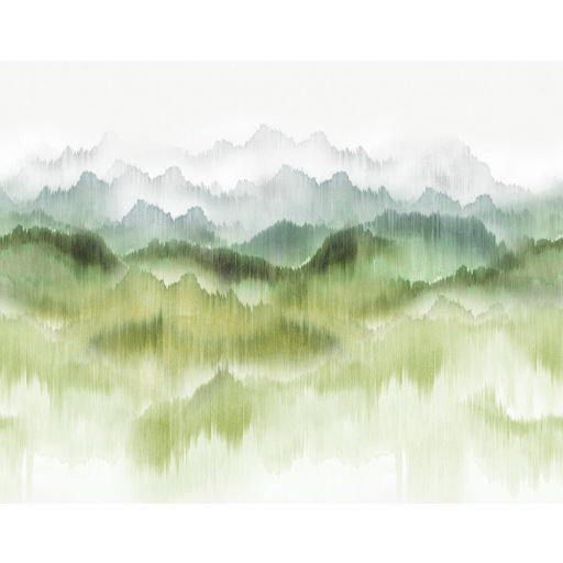 Misztikus panoráma hegyek láncolatával textilfonalra festve fehér krém zöld kék és szürke tónus falpanel