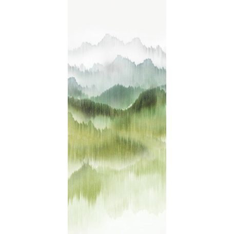 Misztikus panoráma hegyek láncolatával textilfonalra festve fehér krém zöld kék és szürke tónus falpanel