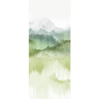   Misztikus panoráma hegyek láncolatával textilfonalra festve fehér krém zöld kék és szürke tónus falpanel