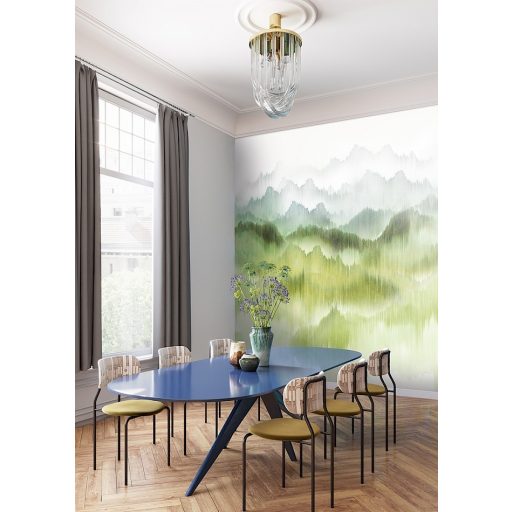 Misztikus panoráma hegyek láncolatával textilfonalra festve fehér krém zöld kék és szürke tónus falpanel