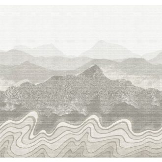   Álomszerű hegyvonulat ködös derengésből előtűnő panorámája törtfehér ezüst zöldes-szürke és aranyló-homokszín tónus falpanel