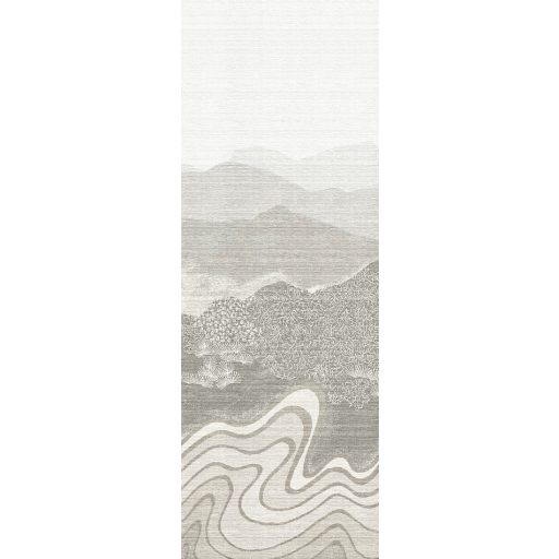 Álomszerű hegyvonulat ködös derengésből előtűnő panorámája törtfehér ezüst zöldes-szürke és aranyló-homokszín tónus falpanel