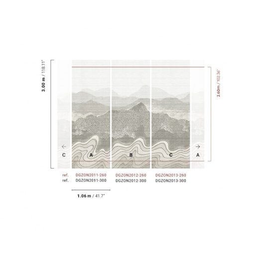 Álomszerű hegyvonulat ködös derengésből előtűnő panorámája törtfehér ezüst zöldes-szürke és aranyló-homokszín tónus falpanel
