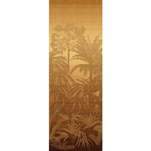 Álomszerű hegyvonulat ködös derengésből előtűnő panorámája mézarany ódon bronz és aranybarna tónus falpanel