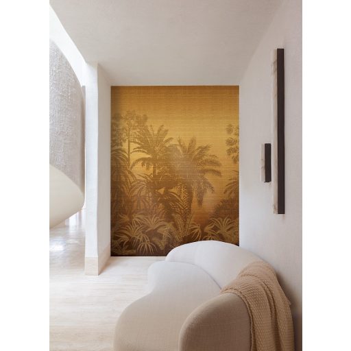 Álomszerű hegyvonulat ködös derengésből előtűnő panorámája mézarany ódon bronz és aranybarna tónus falpanel