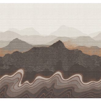  Álomszerű hegyvonulat ködös derengésből előtűnő panorámája rozsdabarna szürke antracit krémfehér és bronz tónus falpanel
