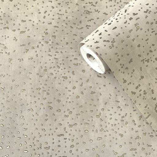 Véletlenszerűen elhelyezkedő partikuláris fémes arany motívum színátmenetes bézs szürkésbézs és arany tónus tapéta