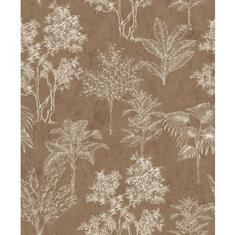   Trópusi botanika avagy "lebegő lombok" - Pálma banán és cserjék rajzolt mintája mogyoróbarna és krém/krémfehér tónus tapéta