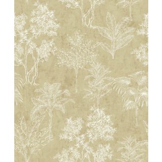   Trópusi botanika avagy "lebegő lombok" - Pálma banán és cserjék rajzolt mintája lágy bézs/vanília és krém/krémfehér tónus tapéta