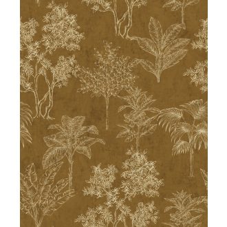   Trópusi botanika avagy "lebegő lombok" - Pálma banán és cserjék rajzolt mintája meleg aranybarna és krémszín tónus tapéta