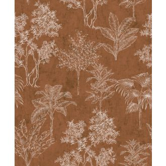   Trópusi botanika avagy "lebegő lombok" - Pálma banán és cserjék rajzolt mintája rozsdabarna fahéj és krémszín tónus tapéta