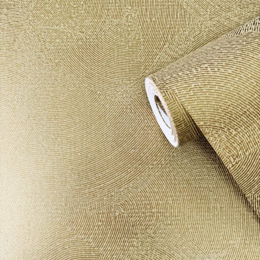 Art deco ihletésű dinamikus legyező (koncentrikus körcikkek) mintája meleg mézbarna és arany tónus fémes hatás tapéta