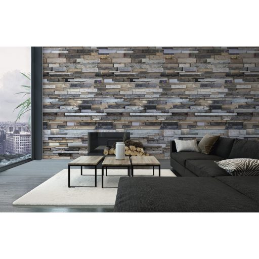 Fatelep a város közepén - Változatos színes fakított farakás bézs kék barna szürke fekete és fehér falpanel/digitális nyomat