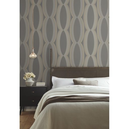 Progresszív grafikus minta túlméretes elliptikus formákkal sötétszürke krém aranybarna és szürke tónus tapéta