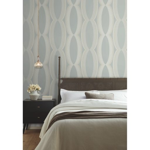 Progresszív grafikus minta túlméretes elliptikus formákkal kék/szürkéskék krém szürke és bézsarany tónus tapéta