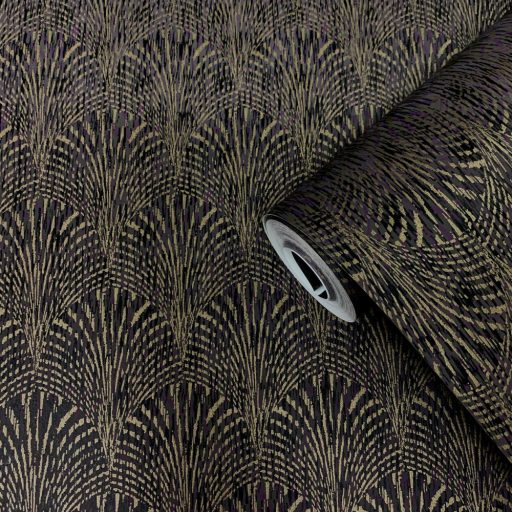 Art Deco stílusú "áttetsző" legyező mintázat csillogó minta bíborlila sötétlila és arany tónus tapéta