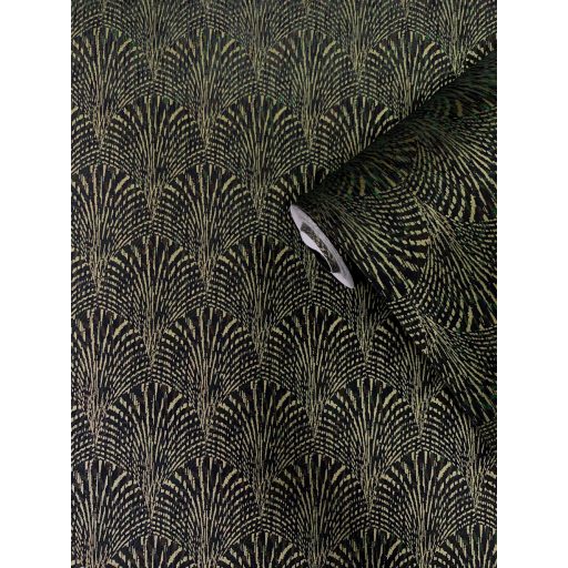 Art Deco stílusú "áttetsző" legyező mintázat csillogó minta smaragdzöld fekete és arany tónus tapéta