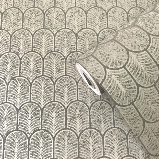 Art Deco ihlette kis legyező/pálmalevél geometriai minta szürke sötétszürke szürkésbarna krém és bronz tónus finom fény tapéta