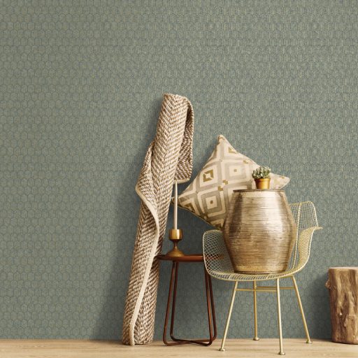 Art Deco ihlette kis legyező/pálmalevél geometriai minta világoszöld zöld és arany tónus finom fény tapéta