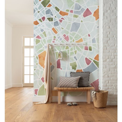 Maga az urbánus faldekoráció! Mozaikszerű várostérkép sziluett megjelenítése fehér kék narancs és sokszínű tónus falpanel