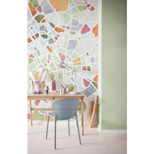 Maga az urbánus faldekoráció! Mozaikszerű várostérkép sziluett megjelenítése fehér kék narancs és sokszínű tónus falpanel