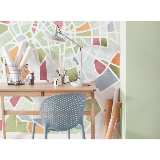 Maga az urbánus faldekoráció! Mozaikszerű várostérkép sziluett megjelenítése fehér kék narancs és sokszínű tónus falpanel