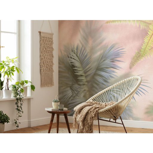 A trópusi botanika sejtelmes oldala - 3D ködös pálmalavelek játéka a napfénnyel zöld rózsaszín sárga és sokszínű tónus falpanel