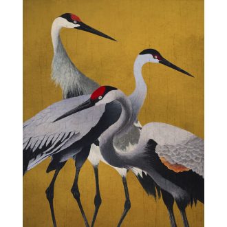   Pompás megjelenésű mágikus darvak lenyűgöző életképe mustársárga fehér szürke fekete és piros tónus falpanel