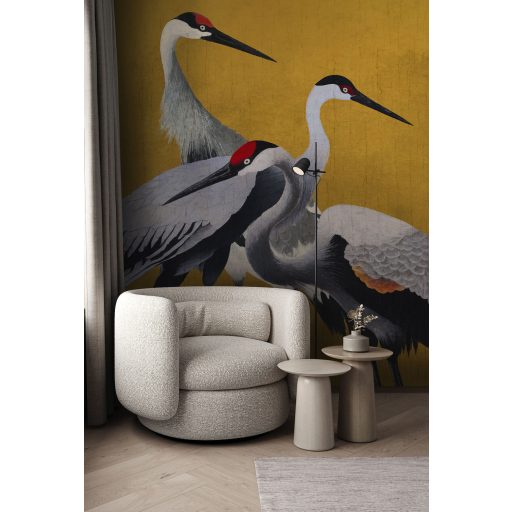 Pompás megjelenésű mágikus darvak lenyűgöző életképe mustársárga fehér szürke fekete és piros tónus falpanel