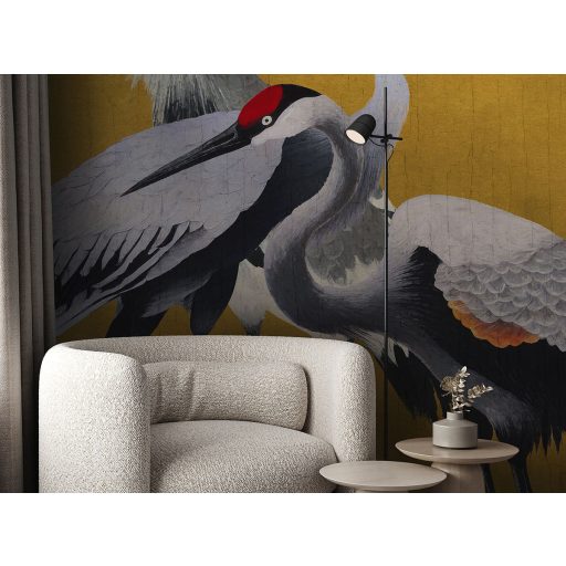 Pompás megjelenésű mágikus darvak lenyűgöző életképe mustársárga fehér szürke fekete és piros tónus falpanel