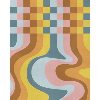   Káróból absztraktba! Lenyűgöző izgalmas grafikus faldizájn kék sárga barna rózsaszín és világoskék tónus falpanel