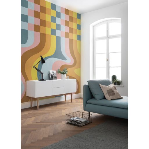 Káróból absztraktba! Lenyűgöző izgalmas grafikus faldizájn kék sárga barna rózsaszín és világoskék tónus falpanel