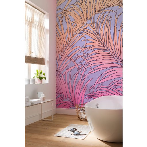 Merész színekkel energizált művészi és vibráló trópusi levélmintázat rózsaszín lila pink és narancs tónus falpanel