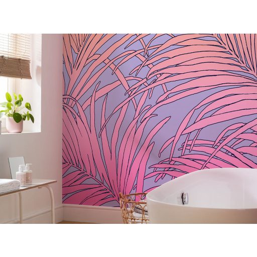 Merész színekkel energizált művészi és vibráló trópusi levélmintázat rózsaszín lila pink és narancs tónus falpanel