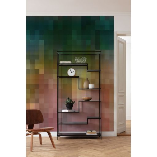 Művészien összeolvadó pixelhatású négyzetek innovatív 3D mintája sötétzöld kék türkiz sárga narancs és rózsaszín tónus falpanel