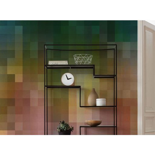 Művészien összeolvadó pixelhatású négyzetek innovatív 3D mintája sötétzöld kék türkiz sárga narancs és rózsaszín tónus falpanel