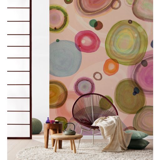 Változatos és színátmenetes formák (buborékok) játékos panorámája bézs lila sárgászöld és sokszínű tónus falpanel