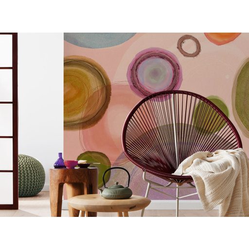 Változatos és színátmenetes formák (buborékok) játékos panorámája bézs lila sárgászöld és sokszínű tónus falpanel