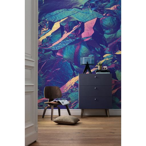 Kiérlelt és kikristályosodott háromdimenziós lenyűgöző absztrakt panoráma mélylila kék rózsaszín sárga és zöldeskék tónus falpanel