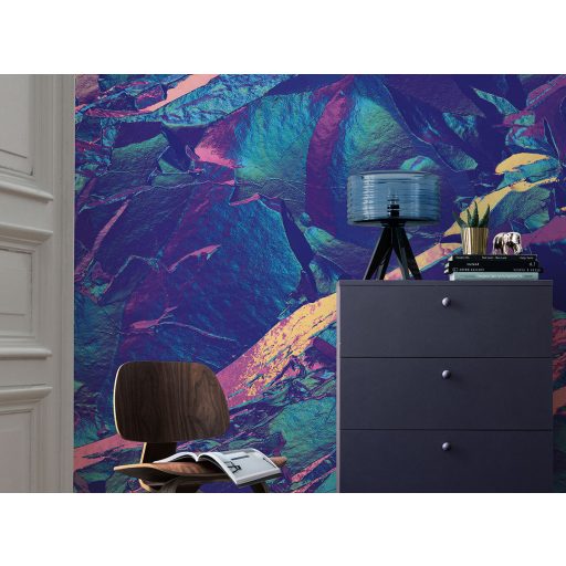 Kiérlelt és kikristályosodott háromdimenziós lenyűgöző absztrakt panoráma mélylila kék rózsaszín sárga és zöldeskék tónus falpanel