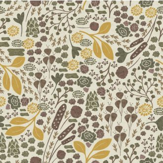   Mezei növények és virágok bájos és romantikus vintage illusztrciója krém mustársárga barna és sötétzöld tónus falpanel