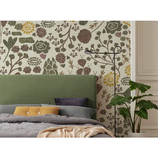 Mezei növények és virágok bájos és romantikus vintage illusztrciója krém mustársárga barna és sötétzöld tónus falpanel