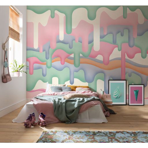 Olvadó jég vagy gyümölcsfagylaltok plasztkius ábrázolása pasztell design krémfehér rózsaszín zöld kék és narancs tónus falpanel