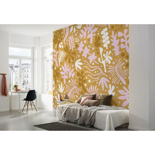 Stilizált növényi és virágmotívumok játékos panorámája sárgásbarna barna fehér és rózsaszín tónus falpanel