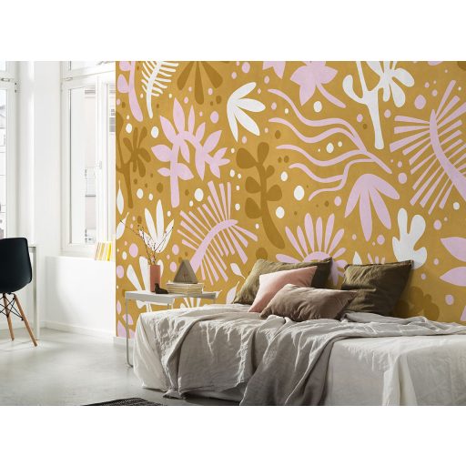 Stilizált növényi és virágmotívumok játékos panorámája sárgásbarna barna fehér és rózsaszín tónus falpanel