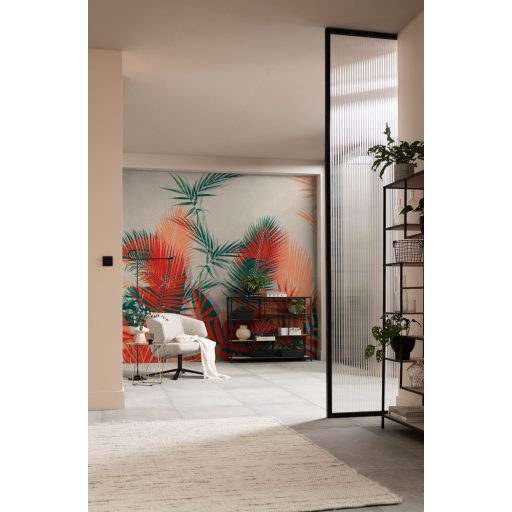 Neonszínű trópusi levelek meghökkentő trendi mintája bézs narancs narancsvörös és zöld tónus falpanel