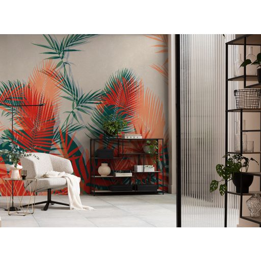 Neonszínű trópusi levelek meghökkentő trendi mintája bézs narancs narancsvörös és zöld tónus falpanel